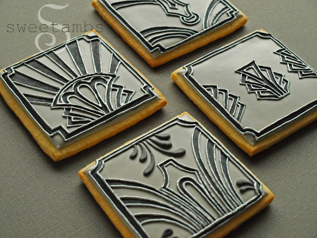 Gray, black, and silver art deco cookies