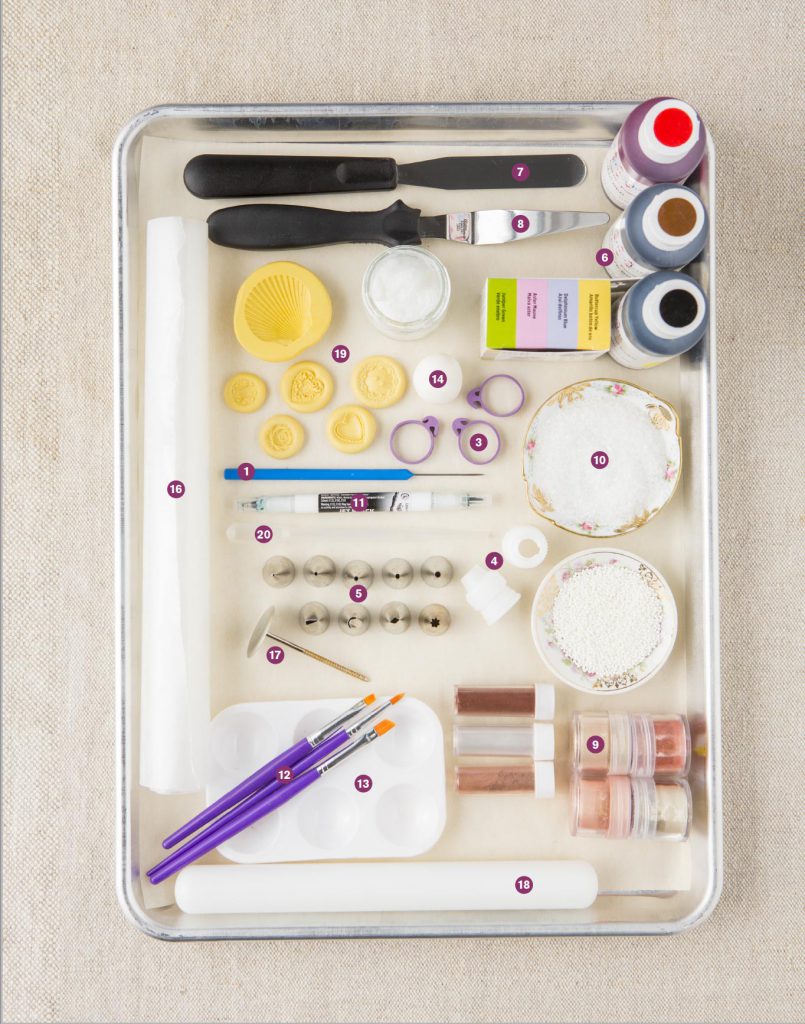 A baking tray filled with cookie decorating supplies including food coloring, spatulas, scribe tools, edible markers, sprinkles, luster dust, and molds.