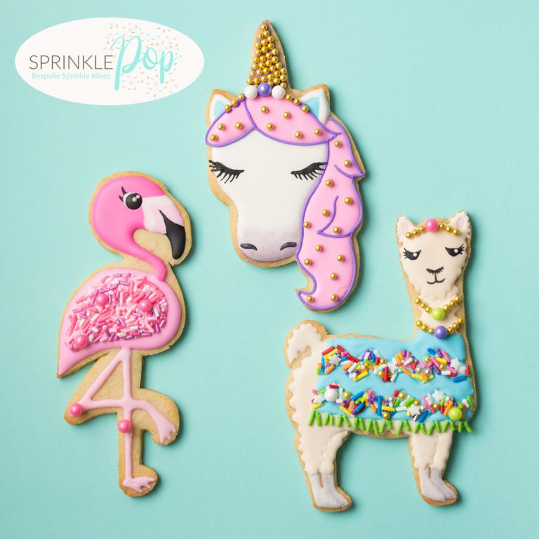 Unicorn, flamingo, and llama cookies with Sprinkle Pop sprinkle mixes!