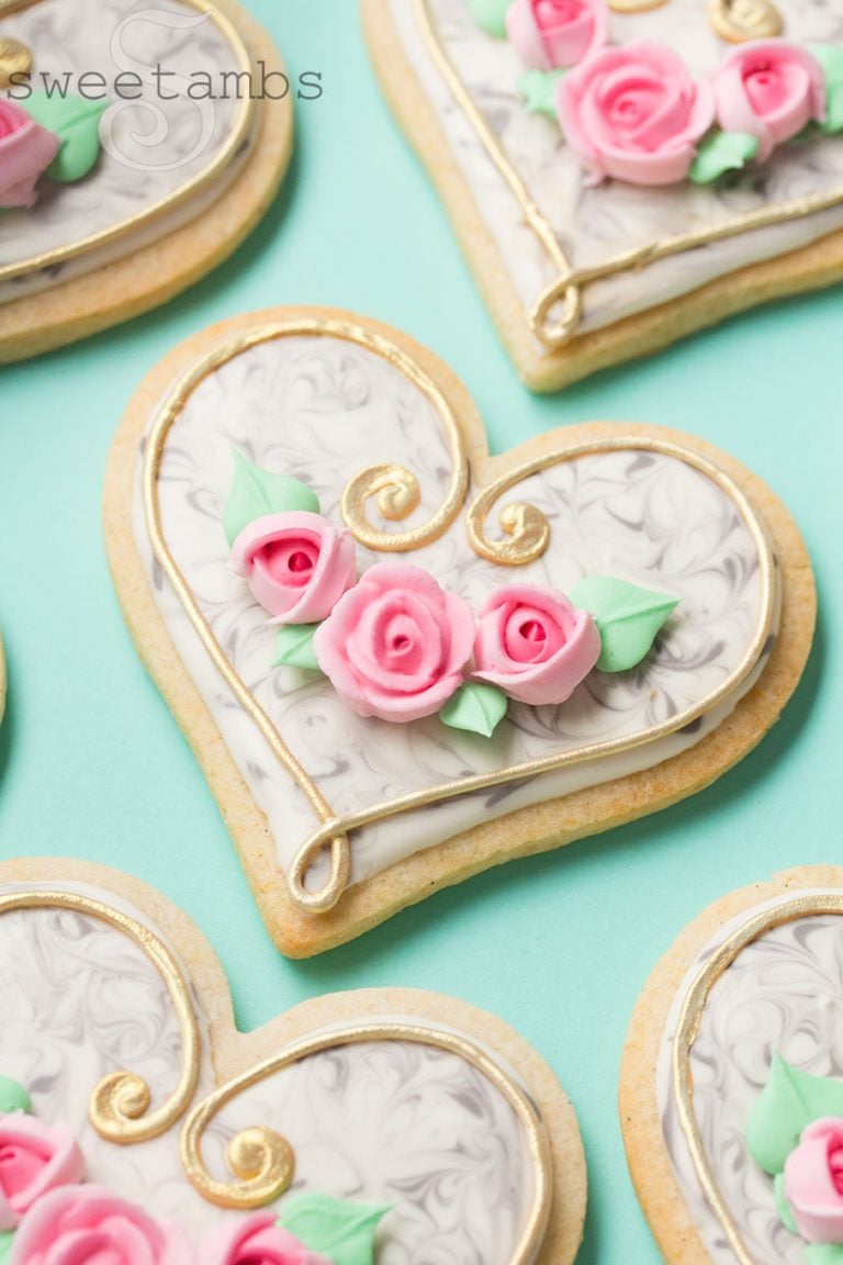 Marbled Cookies with Gold Trim and Pink Roses (Cookie Art Club Premium Tutorial)