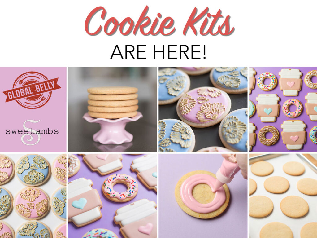 A banner image with 8 blocks of images. The first block is two logos. One logo says Global Belly and the other says SweetAmbs. The next image is a stack of baked cookies on a decorative stand. The next image is a set of round cookies decorated with a gold brush embroidered design. The next image is a set of cookies shaped like disposable coffee cups and donuts. The coffee cups are decorated with a heart on the sleeve. The donuts are decorated with sprinkles. The next image is an overhead shot of the round cookies decorated with a gold brush embroidered design. The next image is a different angle of the cookies shaped like disposable coffee cups and donuts. The coffee cups are decorated with a heart on the sleeve. The donuts are decorated with sprinkles. The next image is an in-process shot of a cookie being flooded with icing. The last image is a batch of freshly baked cookies on a baking sheet. The text across the top of the banner reads Cookie Kits Are Here!