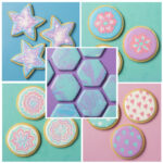 stars, hexagons, and circle cookies decorated with simple royal icing designs 