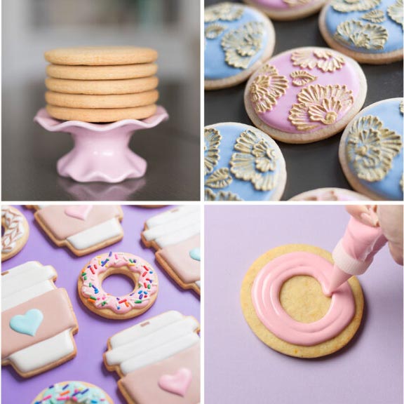 a collage showing 4 photos. Top left: a stack of baked cookies on a small decorative cake plate. Top right: pink and blue cookies decorated with gold floral brush embroidery. Bottom left: cookies decorated to look like coffee cups and donuts. Bottom right: a cookie being flooded with pink royal icing  