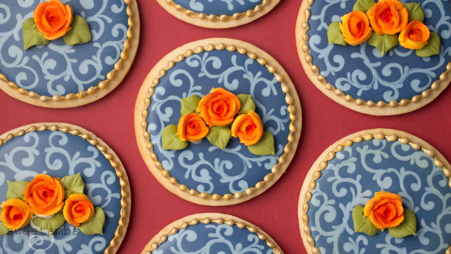 Fall Cookies with Royal Icing Roses and Filigree - SweetAmbs
