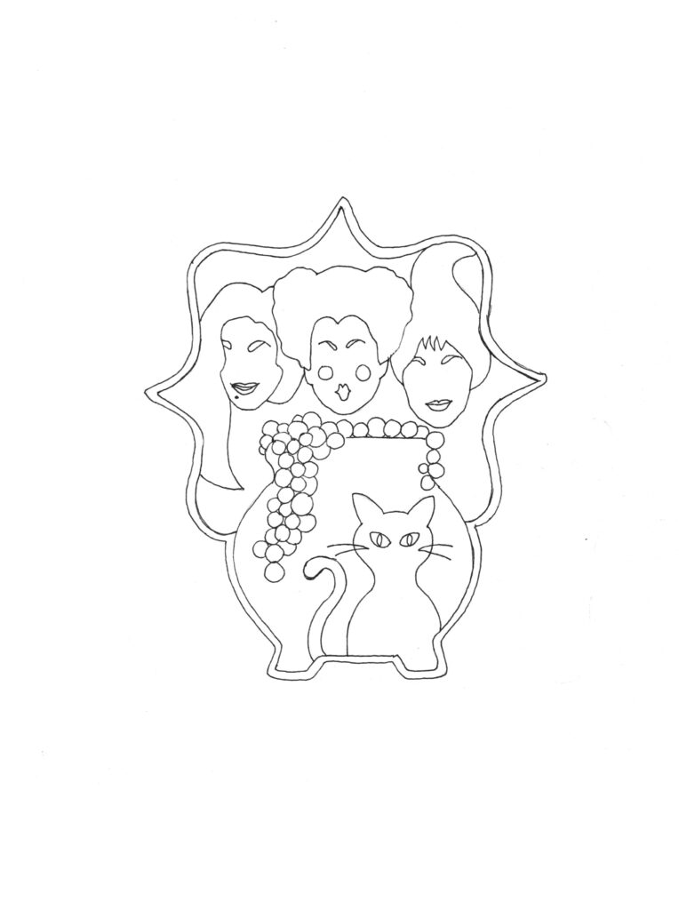 Hocus Pocus cookie template - a line drawing of the Sanderson sisters' faces over a bubbling cauldron and a cat.
