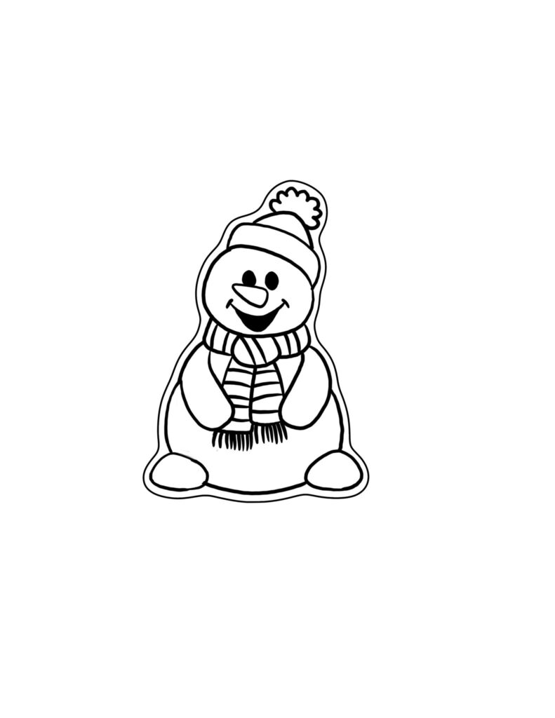 Snowman cookie template - a line drawing of a cartoonish snowman with a scarf and hat