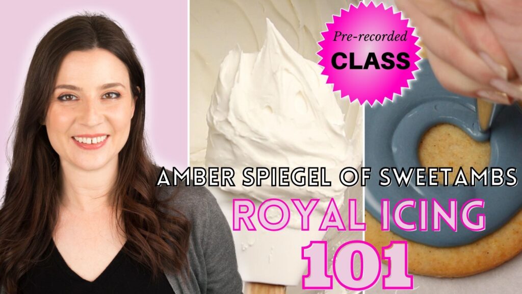 a 3 frame image showing Amber Spiegel of SweetAmbs on the left on a light pink background. In the center is a spatula with a dollop of royal icing. On the right is a cookie being flooded with dusty blue royal icing. The text on the image says Pre-recorded class Amber Spiegel of SweetAmbs Royal Icing 101