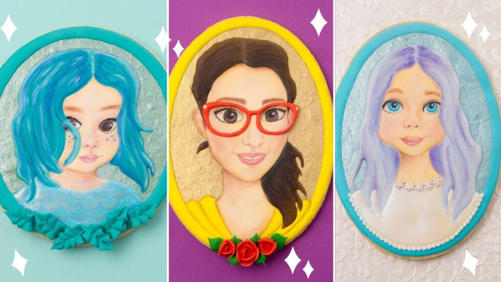 a photo collage of 3 portrait cookies decorated with royal icing and edible paint. The cookie on the left is decorated to look like a child dressed like Luca. The center is portrait cookie decorated to look like Belle with red glasses. On the right is a portrait cookie decorated to look like a young girl dressed as Elsa.