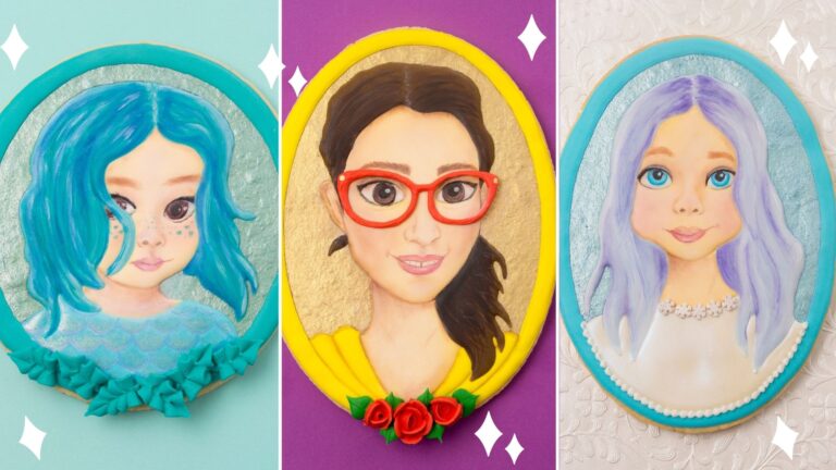 a photo collage of 3 portrait cookies decorated with royal icing and edible paint. The cookie on the left is decorated to look like a child dressed like Luca. The center is portrait cookie decorated to look like Belle with red glasses. On the right is a portrait cookie decorated to look like a young girl dressed as Elsa.
