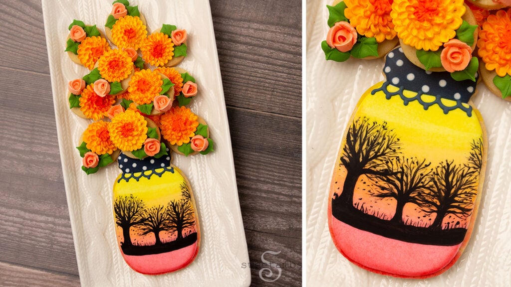 A collage of two photos showing different angles of a fall mason jar cookie on a platter. The cookie is decorated with a fall sunset scene and filled with royal icing chrysanthemums and roses.