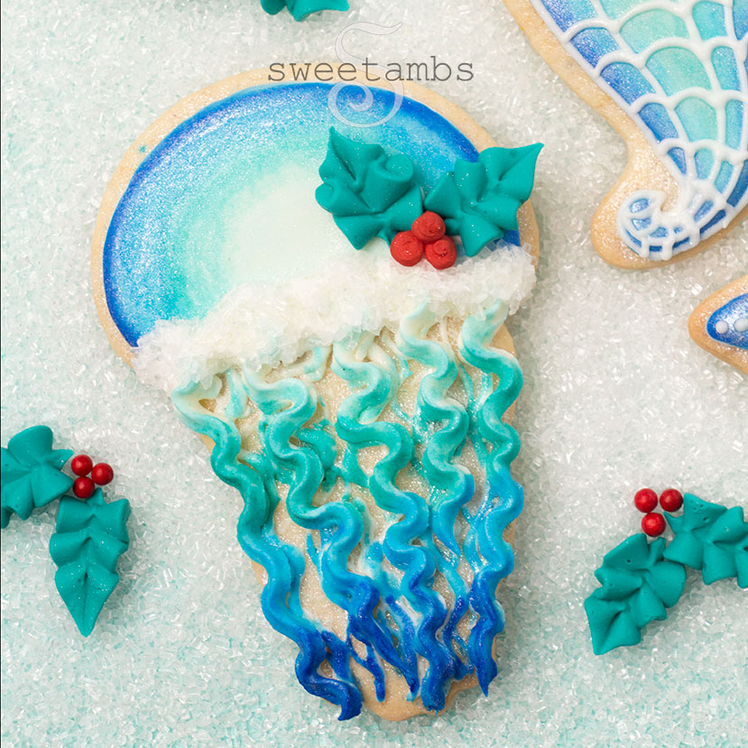 A closeup of the jellyfish cookie in the Under The Sea Christmas cookie set