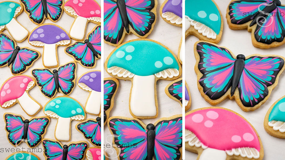A collage of 3 images showing brightly colored mushroom and butterfly cookies