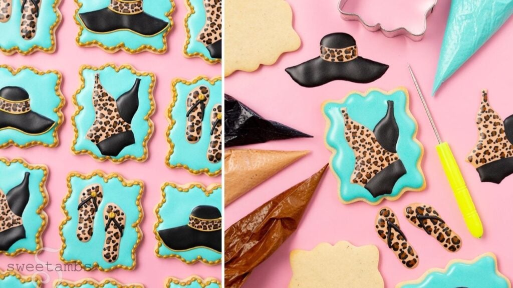 A collage of two photos showing a set of plaque shaped cookies decorated with leopard print swimsuit royal icing transfers on teal icing. The second photo shows the cookies, royal icing transfers, piping bags, and scribe tool. The cookies are on a pink background