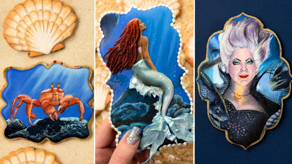 A collage of 3 cookies of Sebastian, Ariel, and Ursula from The Little Mermaid