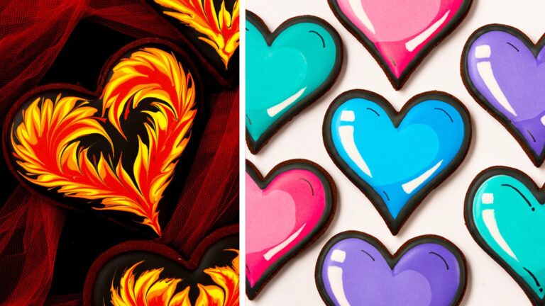 A photo collage showing a decorated cookie with a flame design on the left and a group of cartoon style decorated cookies on the right