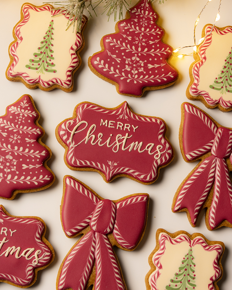 A top-down shot of a collection of intricately decorated Christmas sugar cookies, featuring red and white royal icing in various shapes, with a sprig of frosted evergreen foliage and a string of warm fairy lights visible at the top.