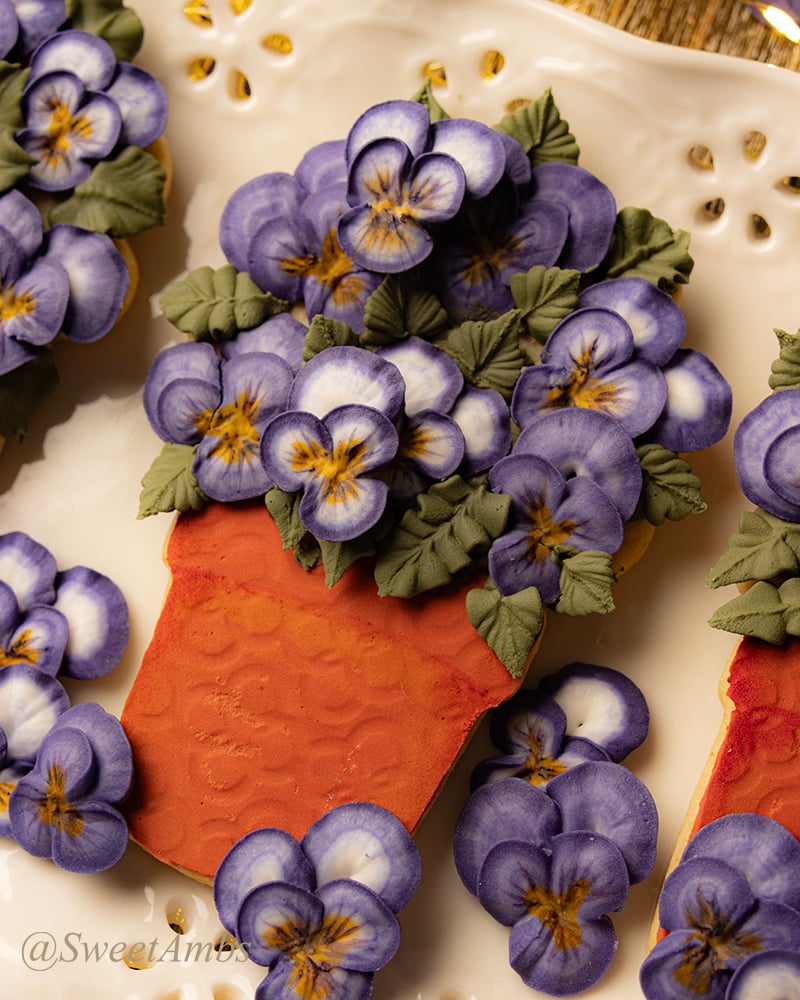 A cookie decorated to look like a bunch of violas in a terra cotta pot. There are a few royal icing violas surrounding the cookie. The cookie is on a platter with an eyelet lace design on the edge.